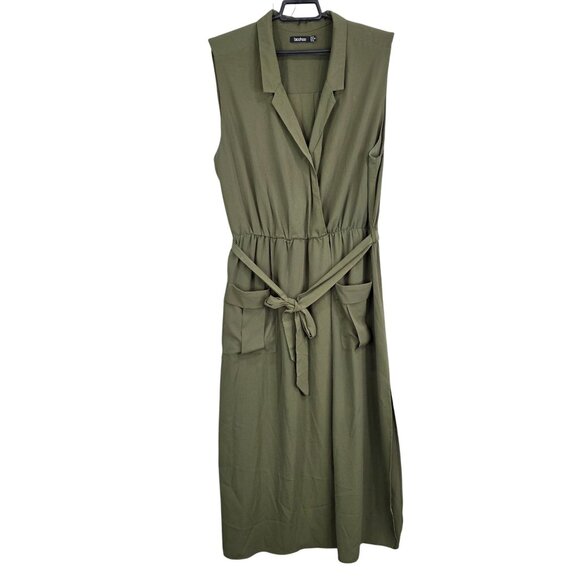 Womens Boohoo Olive Green Belted Midi Dress Sleeveless Pockets Polyester Size 16 - Picture 1 of 11